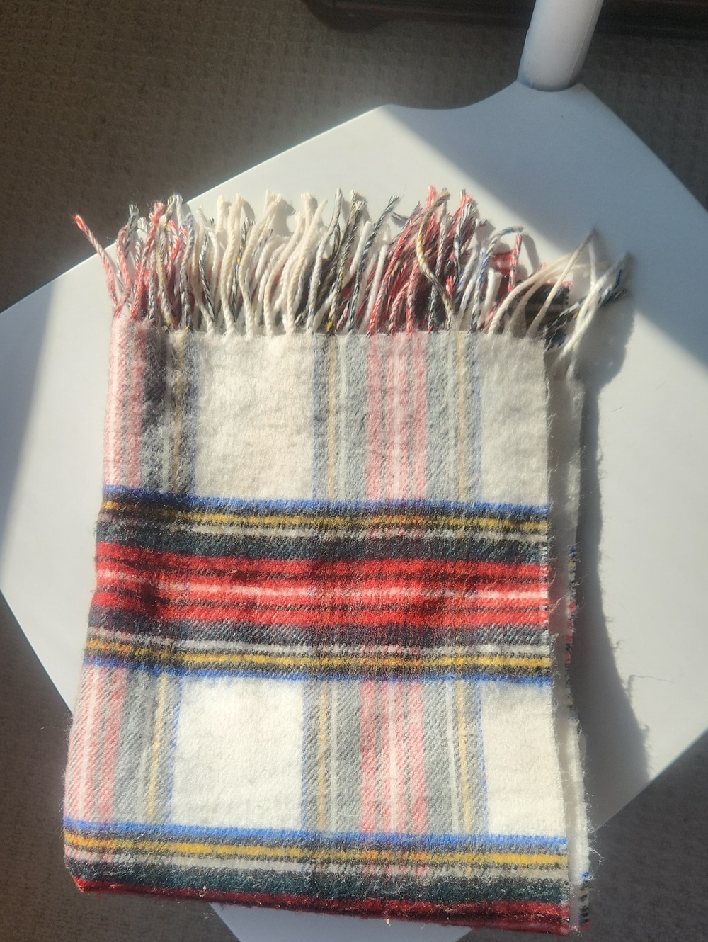 Soft Cream and Red Plaid Fringe Wool Scarf